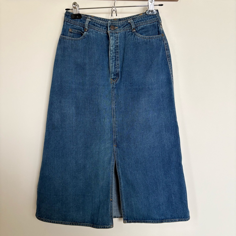 Vintage Denim Midi Skirt 100% Cotton Front Slit Y2K A-Line 24 25 Waist, S/XS